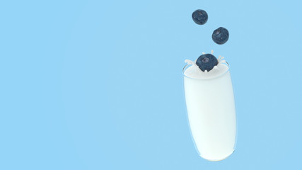Milk with Blueberry. Blueberry drop on milk glass. Isolated on blue background. with clipping path. 3d rendering.