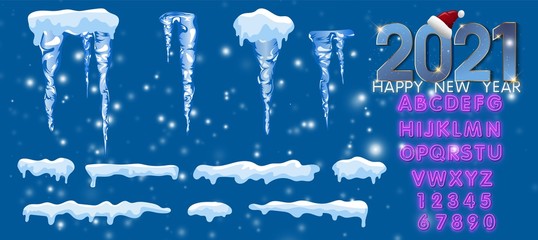 Snow capes and piles winter realistic set on blue background isolated vector illustration. Frost ice and snow white, frozen snowball effect design illustration
