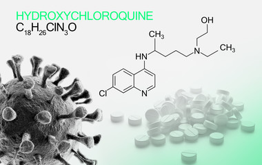 Hydroxychloroquine, chloroquine medicine substance. Drug introduced as treatment for coronavirus, SARS-CoV-2. Active in COVID-19 supportive therapy. Chemical formula white pills  spilled.