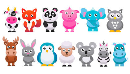 Collection of cute cartoon animals. Vector flat illustration.