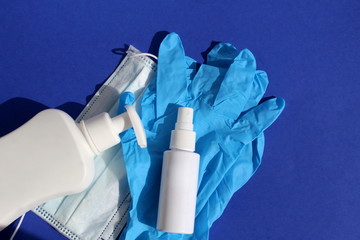 Hand spray, white tube for disinfection, mask and gloves