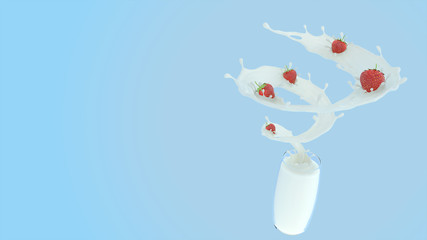 Milk with Strawberry. Strawberry drop on milk surface. Isolated on blue background. with clipping path. 3d rendering.