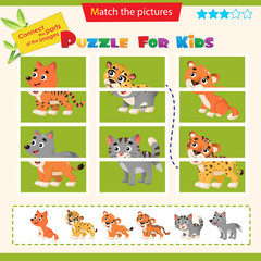 Matching game for children. Puzzle for kids. Match the right parts of the images. Baby animals. Little cat, wolf, lion, tiger, cheetah, fox.