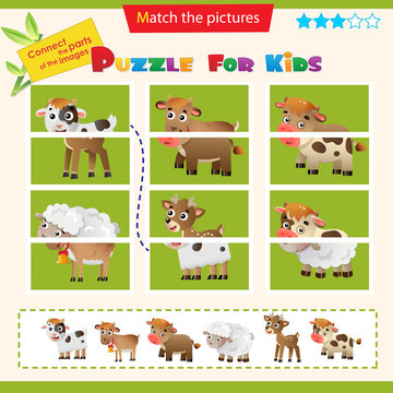Matching game for children. Puzzle for kids. Match the right parts of the images. Baby animals. Little calf, lamb, fawn, kid.
