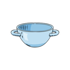 Vector illustration of a blue ceramic bowl in doodle style. Hand-drawn kitchen utensils, sketch isolated on white background.