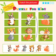 Matching game for children. Puzzle for kids. Match the right parts of the images. Set of animals. Hare, Fox, mouse, hamster, monkey, squirrel.