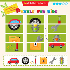 Matching game for children. Puzzle for kids. Match the right parts of the images. Road set driver. Car, wheel and pump, canister with petrol, wrench, traffic light.
