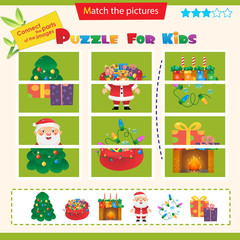 Matching game for children. Puzzle for kids. Match the right parts of the images. New year. Christmas tree with ornaments. Santa Claus with gift bag. Garland.