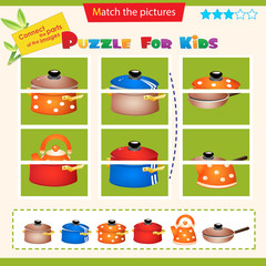 Matching game for children. Puzzle for kids. Match the right parts of the images. Set of kitchen utensils. Pot, kettle, frying pan.