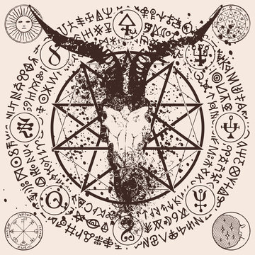 Vector abstract illustration with a horned goats head, a pentagram, occult and witchcraft signs. Banner with a satanic symbol and magic runes written in a circle in retro style