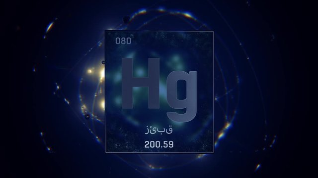 Mercury as Element 80 of the Periodic Table. Seamlessly looping 3D animation on blue illuminated atom design background orbiting electrons name, atomic weight element number in Arabic language