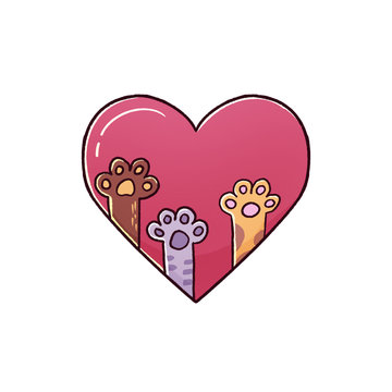 Funny cartoon logo in the form of a heart with paws raised up. Illustration on the topic of pets, veterinary medicine, shelter. Hand-drawn cartoon image.Element for design, graphics.
