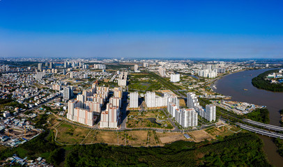 Cityscape view of Ho chi Minh city under blue sky