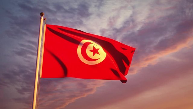 Tunisia flag at sunset waving in the wind. Tunisian flagpole blowing in honor - 3d animation