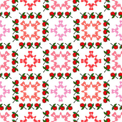 Seamless pattern with pink decorative roses with black stroke on white background. Victorian. Illustration for web design or print.