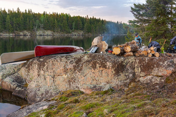 Making camp after paddling in the rocky Canadian Shield country of eastern Manitoba