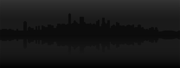 Black city silhouette. Minimalistic modern background. City on the shore at night. Dark gradient. 
