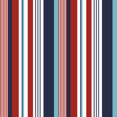 Stripe pattern vector. Seamless vertical stripes in blue, red, and white for summer dress, trousers, or other modern textile print.