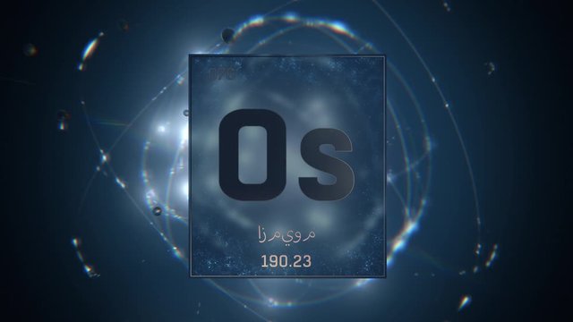 Osmium as Element 76 of the Periodic Table. Seamlessly looping 3D animation on blue illuminated atom design background orbiting electrons name, atomic weight element number in Arabic language