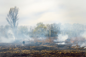 firefighters spray water to wildfire. Fireman working hard to put out the bush fires
