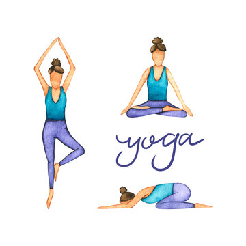 Set of watercolor girl in yoga poses. Hand drawn illustration is isolated on white. Meditation women are perfect for spiritual practices design, training poster, healthy lifestyle wallpaper