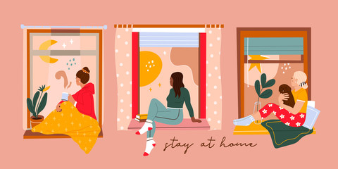 Set of three Various young Ladies looking through window while sitting on windowsill at home. Hand drawn colored Vector illustration. Thinking, meditating, reading concept. Stay at home