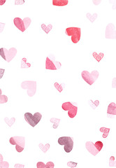 pattern of pink watercolor hearts on a white background
