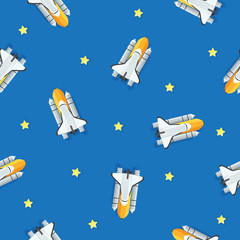 Seamless pattern with rocket or space ship and star on blue background, Pattern graphic style