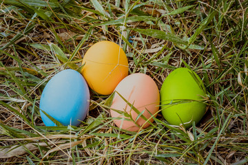Colorful easter eggs on the green grass in the garden

