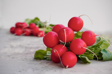 Bright pink radishes with green tops lie in bundle on a light gray background under the concrete....
