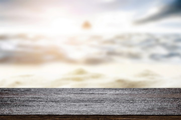 Desk space over summer sea side sunny day background. Product display montage