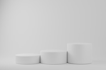 Step cylinder podiums on white background. Abstract minimal scene with geometrical. Scene show cosmetic products presentation. Mock up design empty space. Showcase, shopfront, display case,3d render