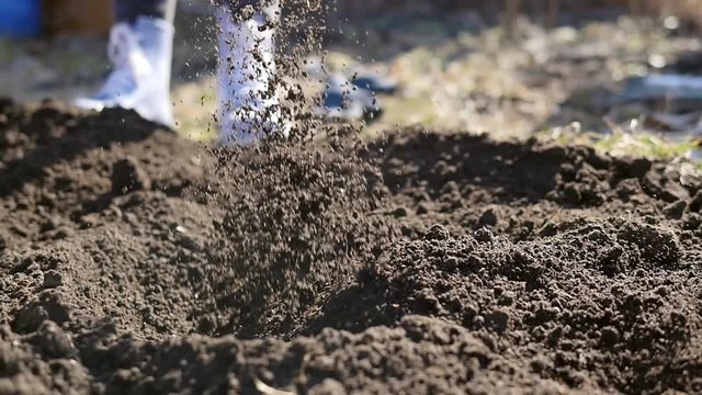 A man is digging the ground with a shovel to prepare the planting of seedlings on the ground. Environmental conservation concept. Slow motion