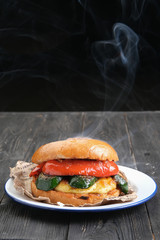 Hot delicious cheeseburger freshly prepared, close-up on a wooden background. Free space for text