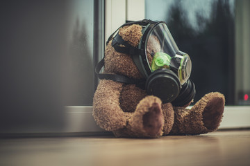 Toy Teddy Bear With Protective Mask By The WIndow.