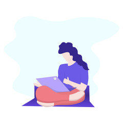 Woman with Computer sitting on mat . Work from home concept