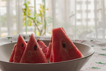 Tropical fruit. Delicious fresh watermelon cut in pieces, ready to be eaten, served on a plate.