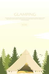 Glamping tent in forest. Glamor camping. Pine forest. Camp.