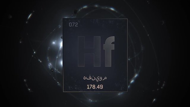 Hafnium as Element 72 of the Periodic Table. Seamlessly looping 3D animation on silver illuminated atom design background orbiting electrons name, atomic weight element number in Arabic language