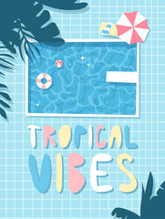 Hand drawn summer illustration luxury pool and text about Summer. Actual tropical vector background. Artistic cartoon drawing water texture. Creative  Relax Vibes art work