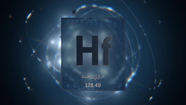 Hafnium as Element 72 of the Periodic Table. Seamlessly looping 3D animation on blue illuminated atom design background orbiting electrons name, atomic weight element number in Arabic language