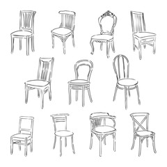 Furniture set. Interior detail outline collection: chair, armchair, stool. wooden chair vector sketch illustration - obrazy, fototapety, plakaty