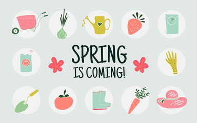 Set of hand drawn garden elements with quote: Spring is coming. - vector