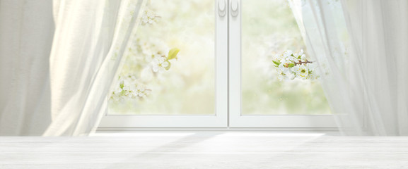 Spring morning background with window, white wooden table and white curtains, light home interior.