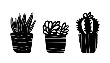 Set of cute hand drawn house plants in pots in doodle cartoon style isolated on white background. Vector outline and silhouette plants