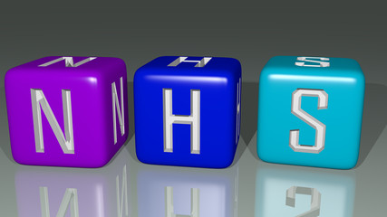 crosswords of NHS arranged by cubic letters on a mirror floor, concept meaning and presentation
