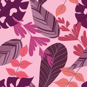 Seamless pattern, tropical leaves, vector graphics. Pink background. © Vasia_illi