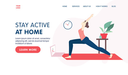 Fototapeta na wymiar Yoga online class landing page template concept. Girl doing yoga online at home using her laptop. vector cartoon illustration for website or banner.