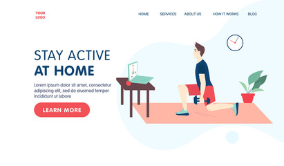 Fitness online class landing page template concept. . Man doing fitness at home in online classes using his laptop. Vector flat cartoon illustration