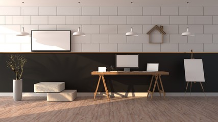Work from home. Laptops on a table, The sunlight shines And the black and white wall with shadow of leaf. Television white screen are hung on the wall, Isolated on wooden floor, 3D rendering.